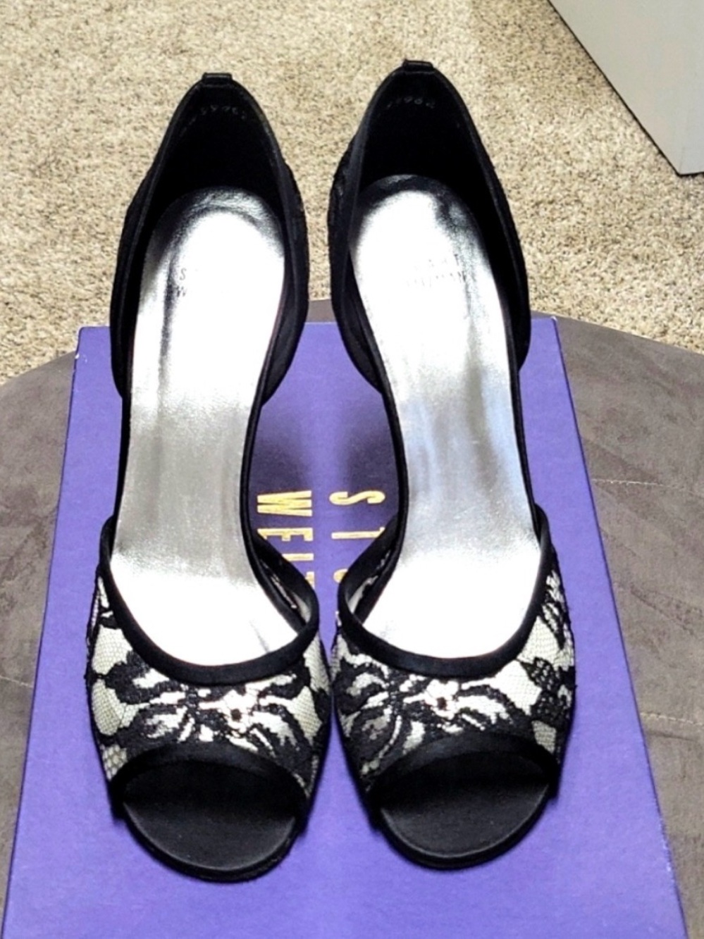 Stuart Weitzman Black Lace Peep-Toe Heels